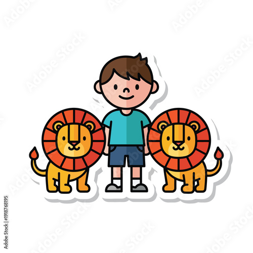 Cute cartoon boy standing happily with two friendly lions, depicting a playful and adventurous childhood moment in a vibrant flat design illustration perfect for kids' themes