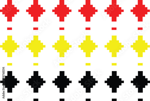 Horizontal pixel art stripes with red yellow and black diamond shapes on transparent background for retro game design and digital creative projects aesthetic wallpaper