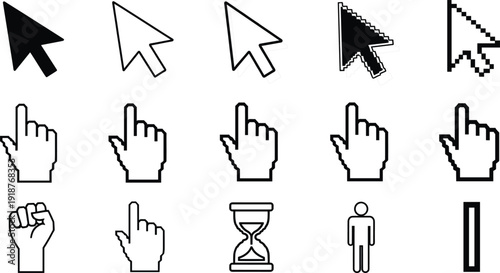 Set of flat vector icons featuring various computer mouse cursors including arrow pointers hand clicking icons pixelated arrows hourglass loading symbol and text selection cursors for UI design.