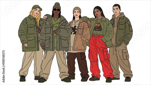 Diverse Group of Young Adults Standing Together in Casual Urban Fashion Style