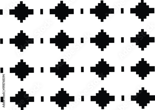 Monochromatic pixel art seamless pattern featuring geometric diamond shapes, vector illustration. Repeating black and white abstract background inspired by retro video game graphics and 8-bit design