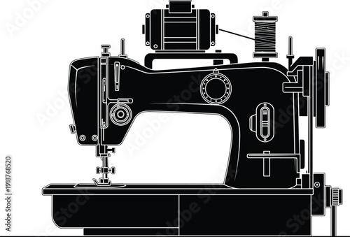 Electric industrial sewing machine silhouette with thread spool black solid vector illustration tailoring equipment isolated on light background