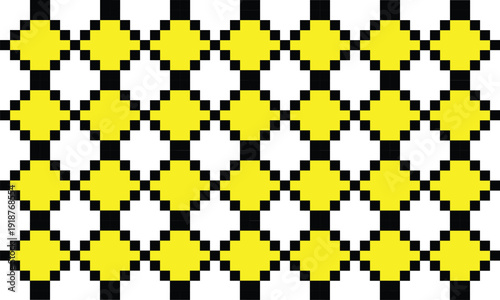 Yellow and white geometric pixel art pattern with black lines abstract mosaic texture for digital design or textile print wallpaper background
