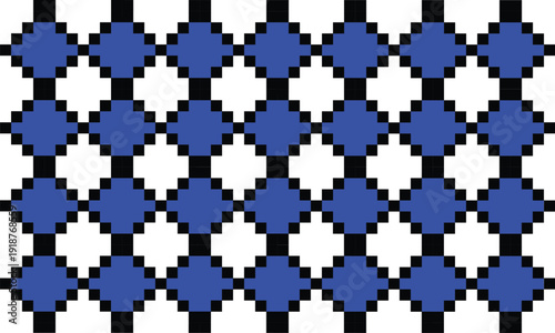 Geometric seamless pattern background with blue and white diamond shapes and black lines abstract pixel art mosaic design for website or wallpaper