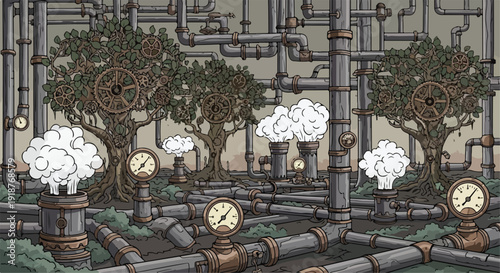 Steampunk Industrial Pipes and Trees with Gears and Smoke Illustration