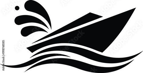 Fast speed boat with dynamic water splash waves silhouette icon black vector illustration isolated on light background