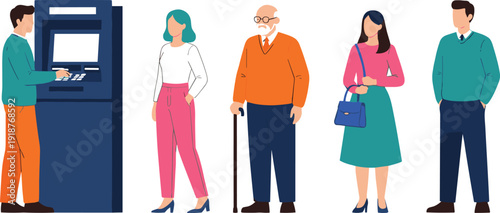 Flat vector illustration of a diverse group of people including an elderly man and young adults waiting in line at an automated teller machine for banking services