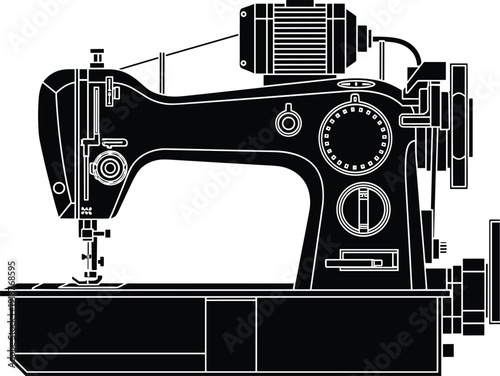 Industrial sewing machine silhouette icon black solid vector illustration vintage tailoring equipment isolated on light background design