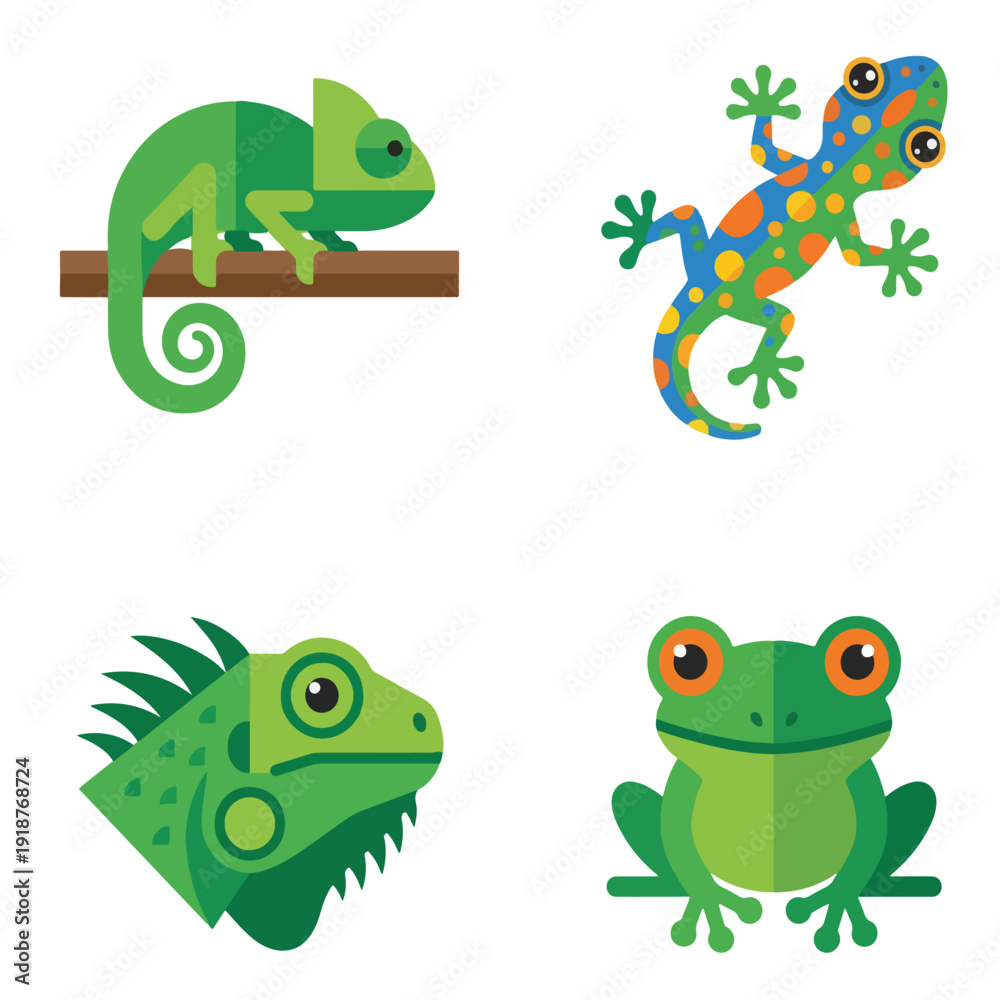 Obraz premium Tropical Reptile Chameleon Gecko and Frog Icon Set