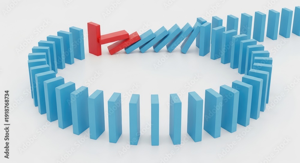 Fototapeta premium Domino effect concept with red blocks causing chain reaction among many blue blocks in a curved pathway on a clean white background