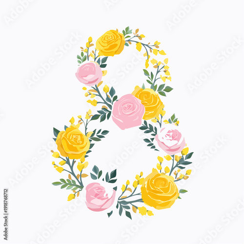 Beautiful floral arrangement forming the number 8, adorned with roses and delicate foliage, perfect for celebrations and greetings