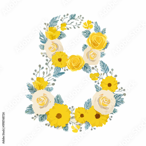 A delightful number 8 formed from a vibrant bouquet of yellow and white roses and wildflowers, perfect for any celebratory occasion