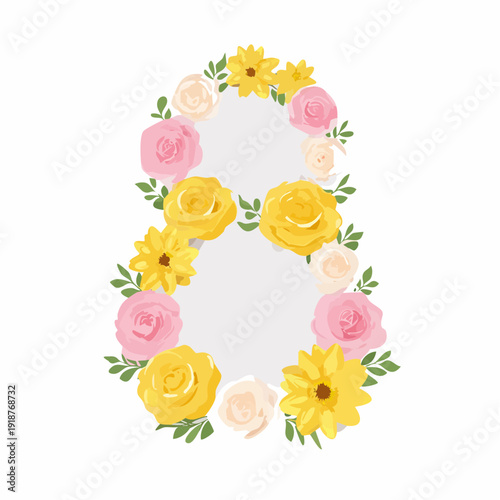 Floral number 8 created with beautiful yellow and pink roses and aster flowers, perfect for spring celebrations or greetings