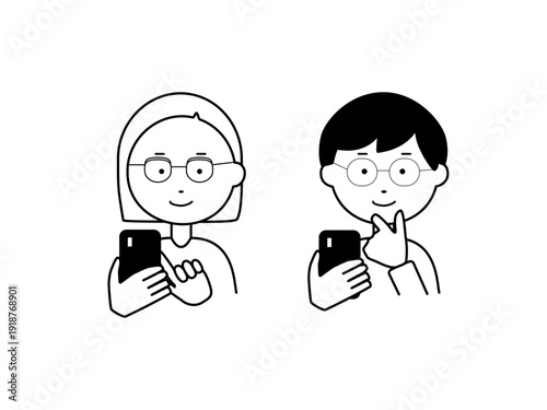 スマホを触る2人　 メガネでくつろぐ  白黒