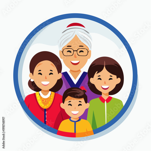 Cheerful multi-generational Asian family portrait with grandmother, mother, and children smiling happily together, united in a circular frame, symbolizing strong bonds and joy