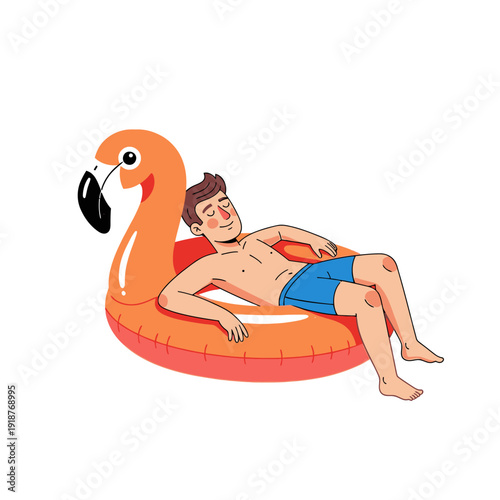 Man Relaxing on Flamingo Float in Pool, Summer Vacation, Peaceful Leisure