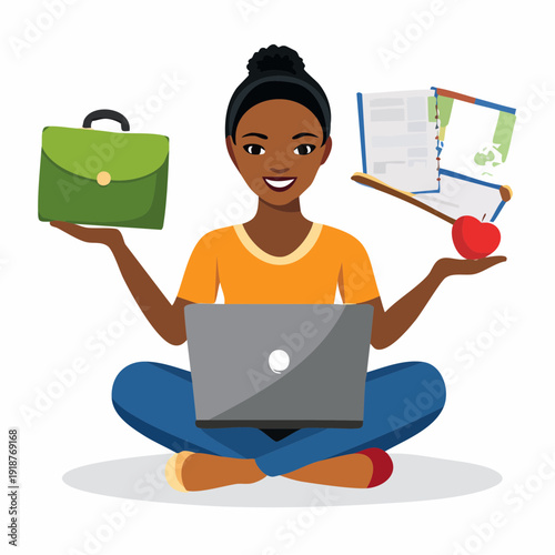 A young woman and student sit working on a laptop in a business office illustration featuring vector art of people using technology for education and internet work