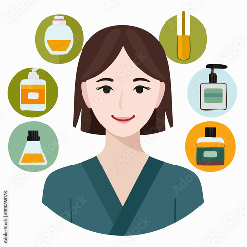 Vibrant illustration of a woman choosing from a collection of skincare essentials, emphasizing personalized beauty routines and self-care for healthy skin