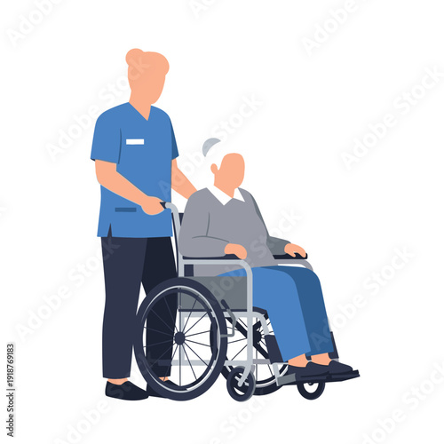 Caregiver pushing elderly woman in wheelchair, healthcare, assistance, support, medical concept