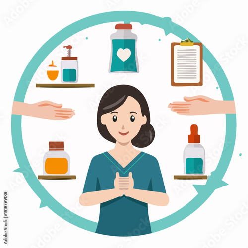 A flat vector illustration set featuring a woman pharmacist with a prescription and a medical doctor with a medicine bottle icon for healthcare and pharmacy business web design