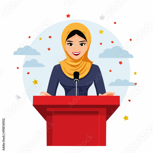 Illustration of a Woman in a Hijab Speaking from a Podium with Clouds and Stars