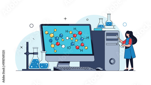 Science laboratory scene with a scientist working at a computer showing molecular structures and various chemical beakers.
