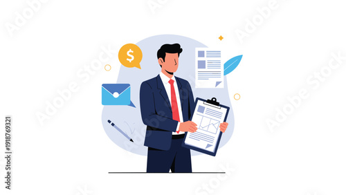 Businessman in a suit holding a clipboard with a data chart surrounded by icons for money email and various office supplies.