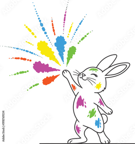 Adorable white cartoon rabbit celebrating a vibrant festival by blowing colorful powder bursts in a cheerful and festive manner