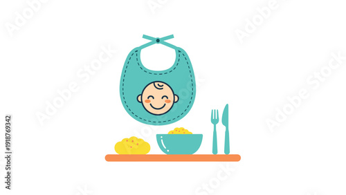 Baby mealtime setup with a light blue bib showing a baby face and a tray with a bowl of food and cutlery on a white background.