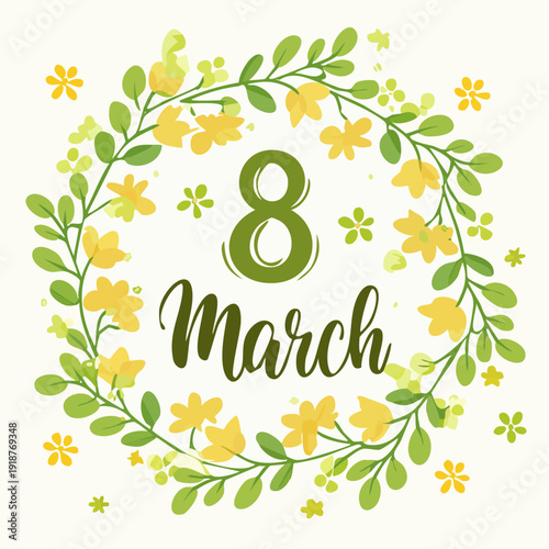 International Women's Day March 8th Greeting Card Design with Floral Wreath and Decorative Elements