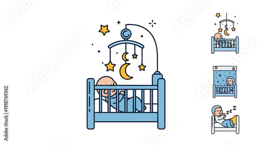 Illustration showing several poses of a baby sleeping peacefully in a blue wooden crib with a hanging moon and star mobile.