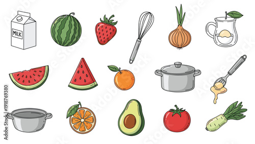 Extensive collection of hand drawn food and kitchenware icons including fruits vegetables pots and various cooking utensils.