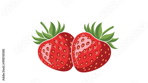 Two fresh ripe red strawberries with green leaves shown against a plain white background in a detailed illustrative style.