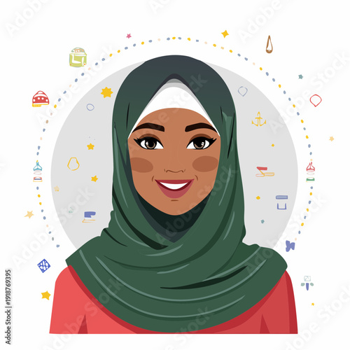 A smiling young Muslim woman wearing a green hijab and a red shirt, with a backdrop of subtle icons representing diverse life elements