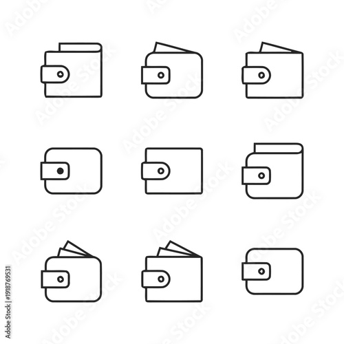 Collection of nine wallet icons with different styles and variations on white background