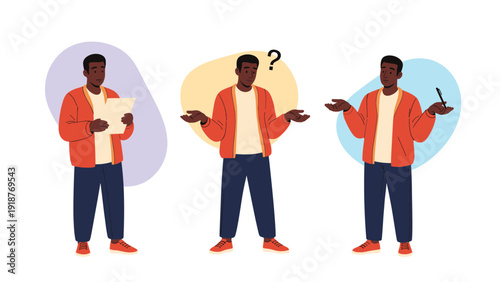 African American man in three different poses showing confusion, doubt, and shrugging in a stylized flat illustration.