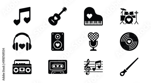 Collection of musical instruments and symbols with heart icons, celebrating love and music