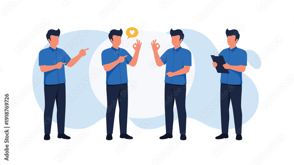 Obraz premium Set of a man in a blue shirt in different poses like pointing, giving an OK sign, and holding a clipboard.