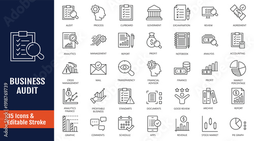 Business Audit line icon set. Icons related to inspecting, control, finance, and more. Outline icon with Editable stroke. Vector illustration