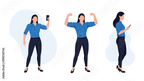 Strong and professional woman in a blue shirt showing her muscles and using a mobile phone in different poses.