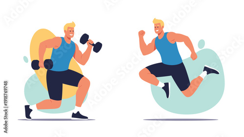 Athletic man in a blue tank top exercising by lifting heavy dumbbells and running fast in a flat illustration.