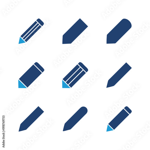 Collection of nine pencil and eraser icons on a white background