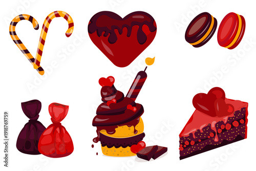 Chocolate Valentine's Day vector. A set of holiday food elements covered in chocolate. Heart, lollipops, cookies, cupcake, candies, and cake.