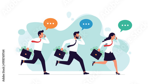 Busy professional men and women running quickly with briefcases full of money while talking on mobile phones.