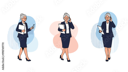 Set of a professional senior businesswoman with grey hair walking while holding documents and talking on a phone.