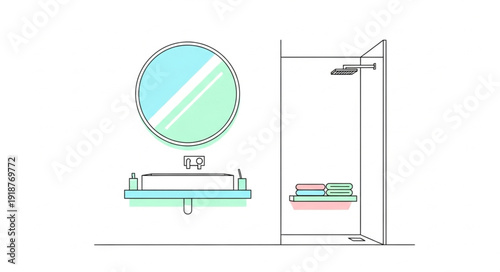 Modern Bathroom Design Sketch with Shower and Mirror.