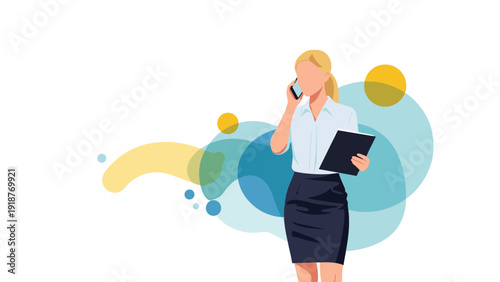 Professional blonde woman talking on a mobile phone and holding a black clipboard against a colorful abstract background.