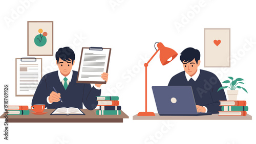 Male student sitting at two different desks while studying from books, a laptop, and showing a document on a clipboard.