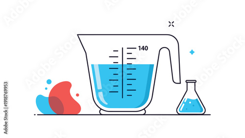 Laboratory or kitchen equipment featuring a glass measuring cup filled with blue liquid and a small conical flask.