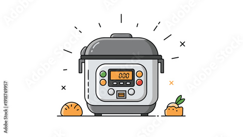 Modern silver electric pressure cooker on a kitchen counter next to pieces of fresh baked bread and vegetables.